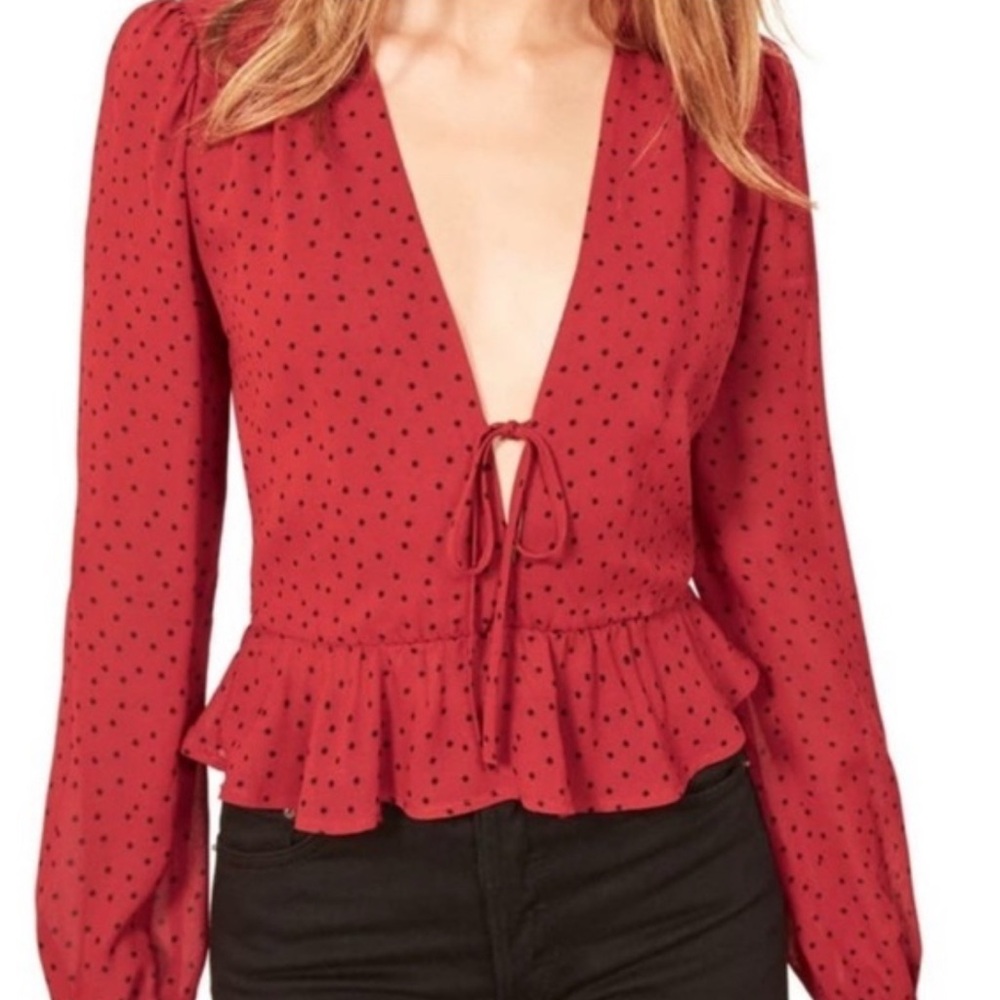 Reformation Elegant Women's Red Top with Black Polka Dots and Peplum Design